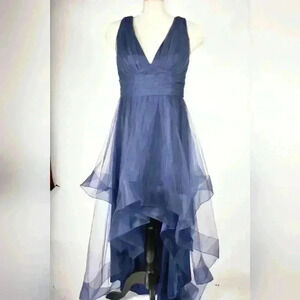 CHI CHI LONDON Navy Asymmetrical Poly Tule Mesh Brides  Plunge Dress 8US Medium